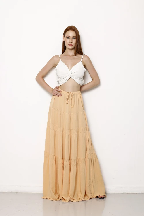 Beli Lastikli Fırfır Detaylı Kat Kat Uzun Etek