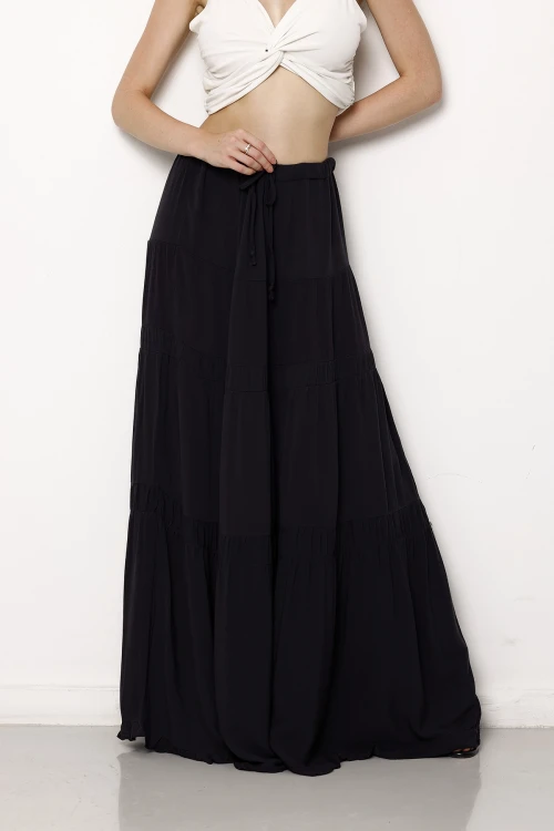 Beli Lastikli Fırfır Detaylı Kat Kat Uzun Etek