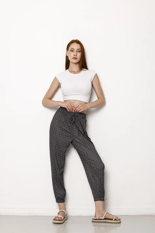 Beli Ve Paçası Lastikli Dar Paça Cepsiz Desenli Pantolon 1072