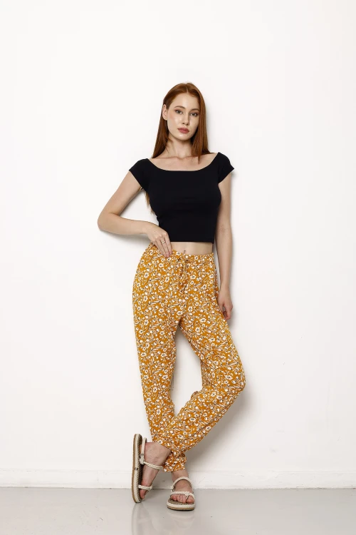 Beli Ve Paçası Lastikli Dar Paça Cepsiz Desenli Pantolon 1084