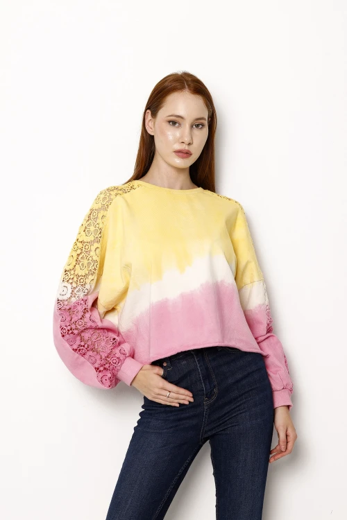 Bisiklet Yaka Kolları Dantel Detaylı Renk Geçişli Crop Sweatshirt 1074