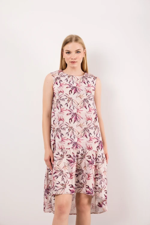 Bisiklet Yaka Sıfır Kol Eteği Fırfırlı Önü Kısa Arkası Uzun Desenli Elbise