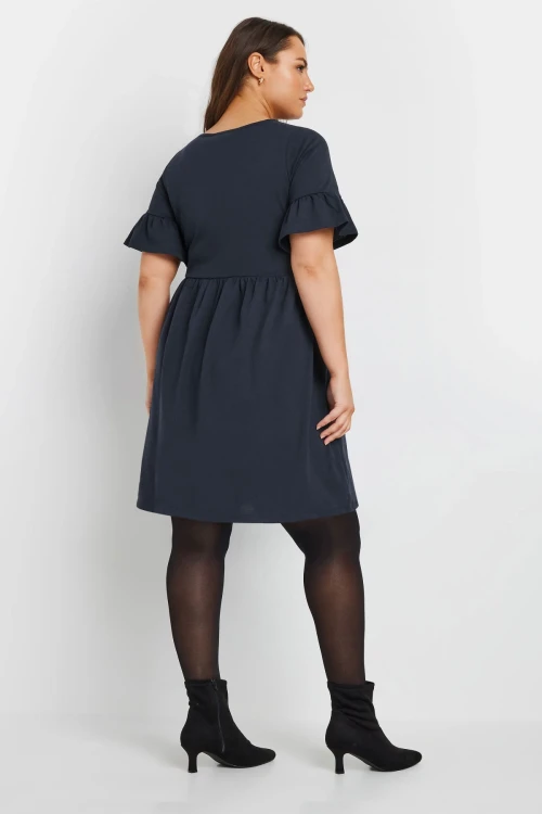 Büyük Beden Bisiklet Yaka Kısa Fırfır Kollu Beli Lastikli Mini Elbise 303646