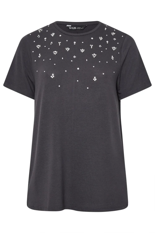 Büyük Beden Bisiklet Yakası Taş İşlemeli Kısa Kollu T-shirt 322289