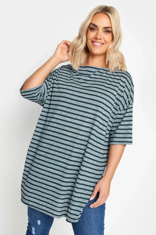 Büyük Beden Kayık Yaka Yarım Kollu Yırtmaç Detaylı Oversize T-shirt 303216