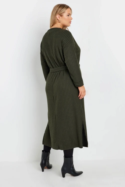 Büyük Beden Kuşaklı Düz Kesim Fitilli Uzun Kollu Astarsız Midi Elbise 322196