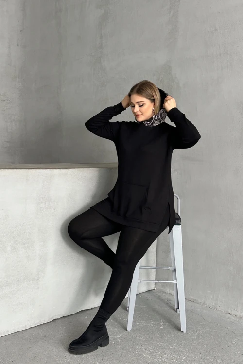 Büyük Beden Uzun Kollu Cepli Yanı Yırtmaçlı Kapüşonu Desenli Sweatshirt 300318