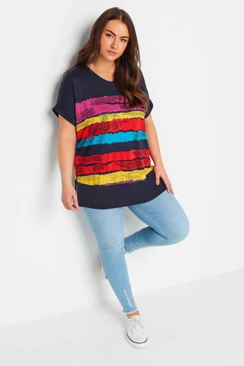 Büyük Beden V Yaka Kısa Kollu Çizgili T-shirt 303120