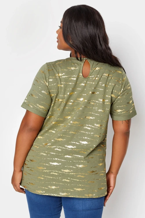 Büyük Beden V Yaka Kısa Kollu Metalik Desenli T-shirt 303090