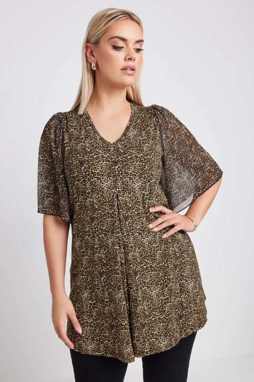 Büyük Beden V Yaka Kolları Tül Detaylı Leopar Desenli Bluz 321823
