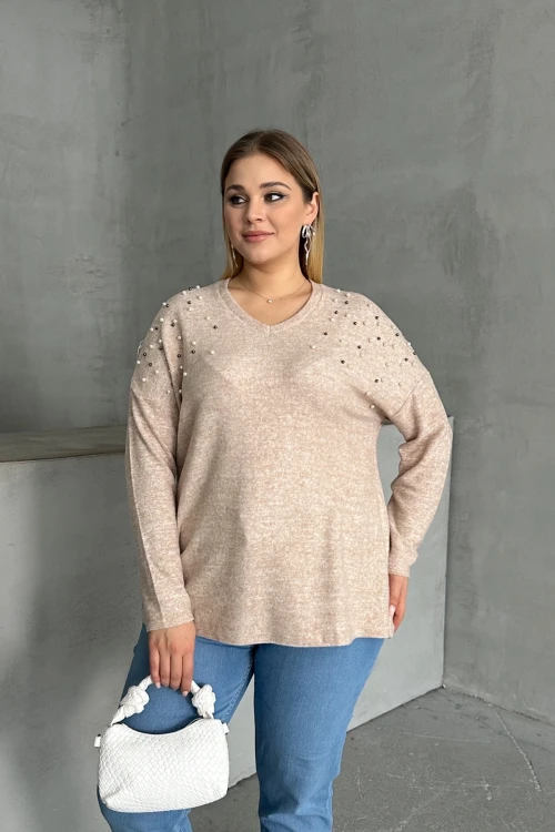 Büyük Beden V Yaka Omuz Detaylı Boncuk İşlemeli Kazak 302776