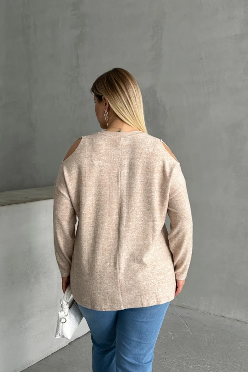 Büyük Beden V Yaka Omuz Detaylı Boncuk İşlemeli Kazak 302776