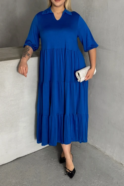 Büyük Beden V Yaka Yarım Kollu Beli Lastikli Uzun Elbise 302149