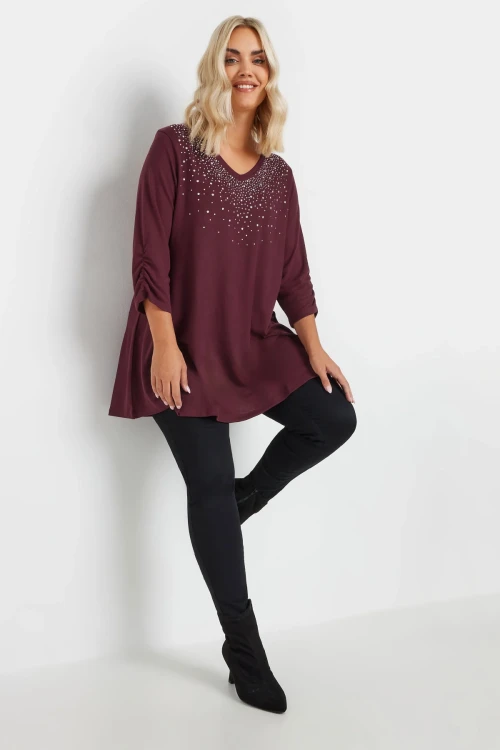 Büyük Beden V Yakası Taş İşlemeli Kolları Büzgülü Bluz 322225