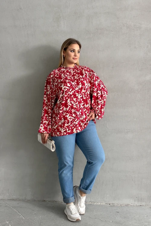 Büyük Beden Yakası Büzgülü Uzun Kollu Desenli Bluz E15233