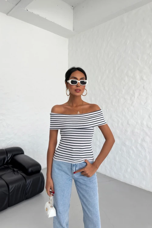 Düşük Omuz Carmen Yaka Fitilli Çizgili Bluz