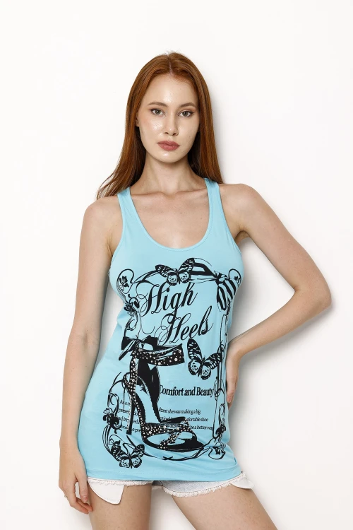 Halter Yaka Uzun Kesim Baskılı Kolsuz Bluz