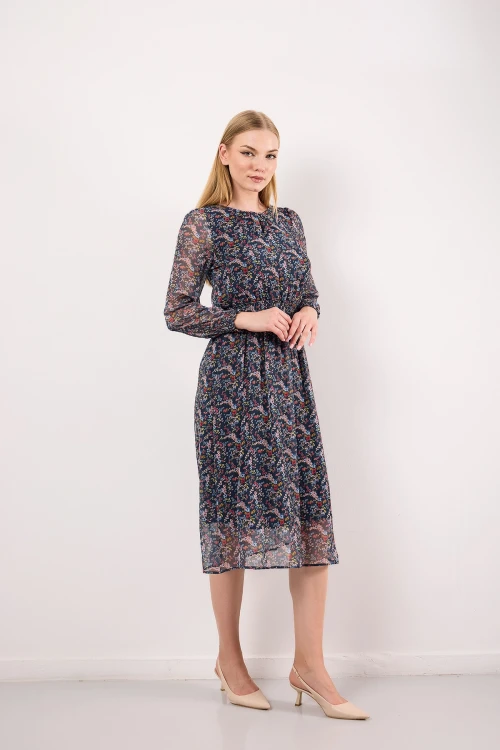 Kolları Tül Detaylı Beli Lastikli İçi Astarlı Çiçek Desenli Midi Boy Elbise