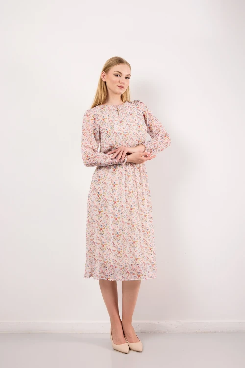 Kolları Tül Detaylı Beli Lastikli İçi Astarlı Çiçek Desenli Midi Boy Elbise