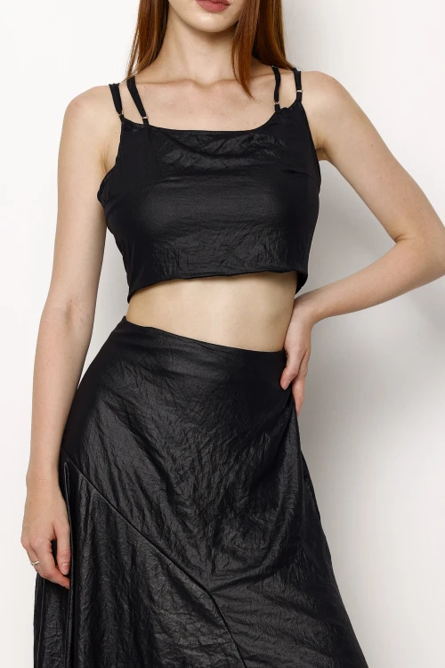 Sırtı Çapraz Ayarlanabilir Askılı Midi Boy Etek Crop Takım