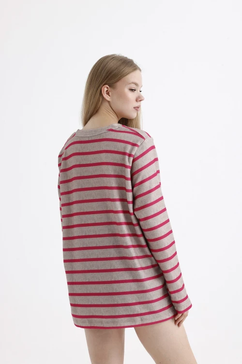 V Yaka Uzun Kollu Çizgili Uzun Kesim Bluz 1063