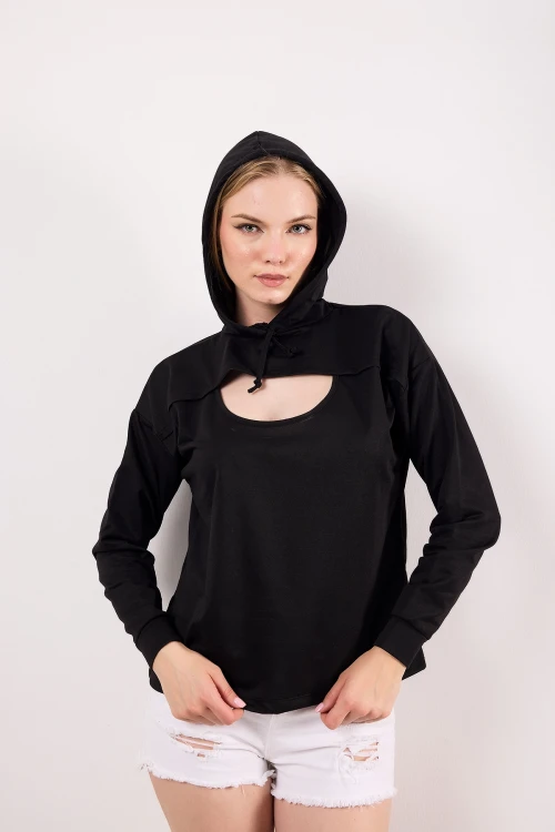 Yaka Detaylı Uzun Kollu Kapüşonlu Bluz