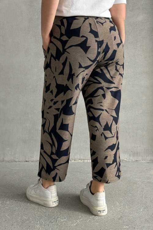 Büyük Beden Beli Lastikli Bol Paça Desenli Cepli Pantolon 74-109