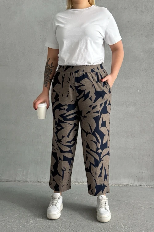 Büyük Beden Beli Lastikli Bol Paça Desenli Cepli Pantolon 74-109