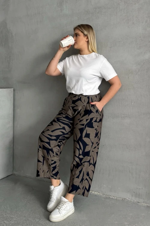 Büyük Beden Beli Lastikli Bol Paça Desenli Cepli Pantolon 74-109