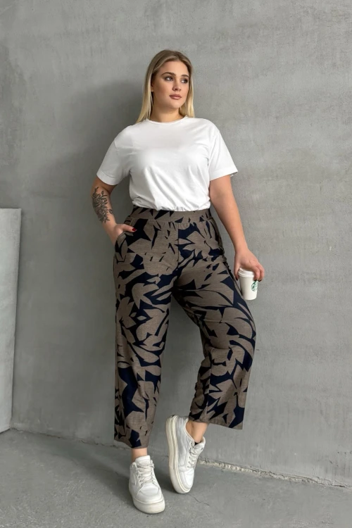 Büyük Beden Beli Lastikli Bol Paça Desenli Cepli Pantolon 74-109