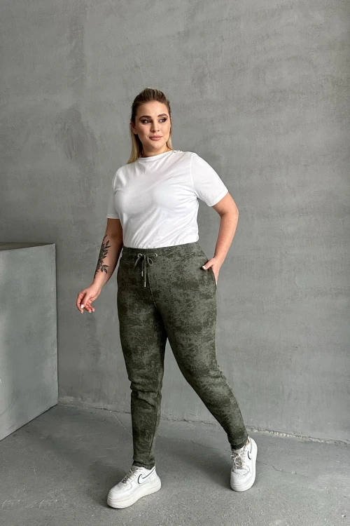 Büyük Beden Beli Büzgülü Dar Paça Cepli Desenli Pantolon 304055