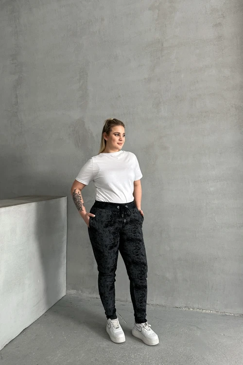 Büyük Beden Beli Büzgülü Dar Paça Cepli Desenli Pantolon 304056