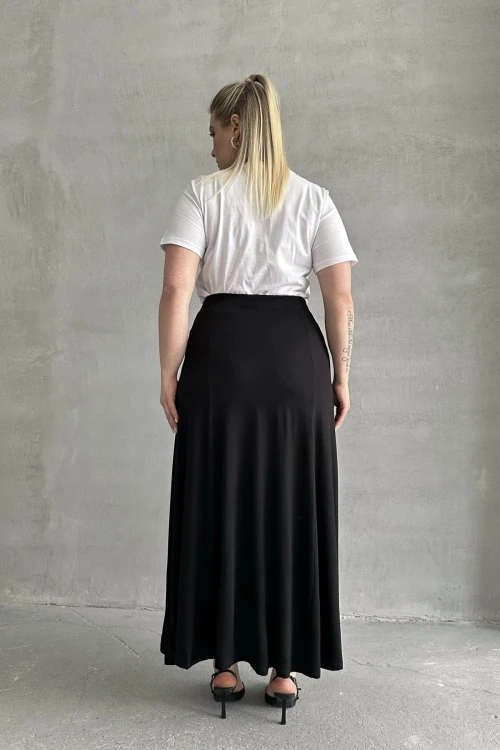 Büyük Beden Beli Lastikli Cep Detaylı Uzun Kesim Etek 160051