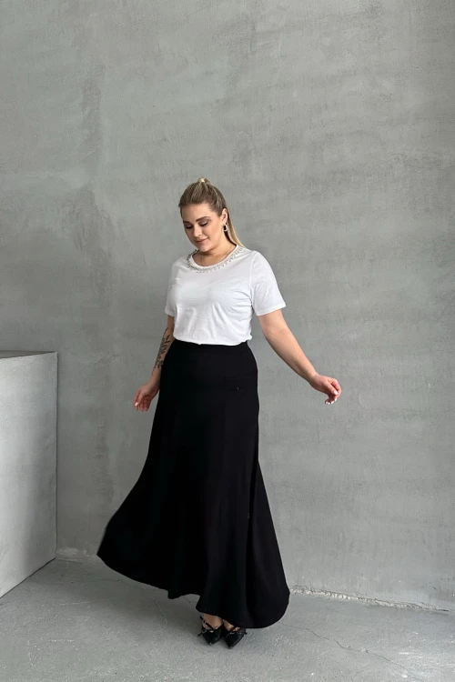 Büyük Beden Beli Lastikli Cep Detaylı Uzun Kesim Etek 160051