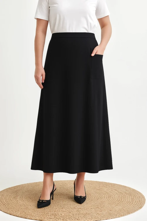 Büyük Beden Beli Lastikli Cep Detaylı Uzun Kesim Etek 160051