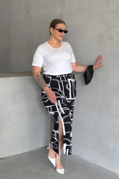 Büyük Beden Beli Lastikli Soyut Desenli Yırtmaç Detaylı Uzun Etek 98-120