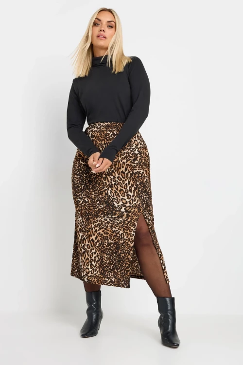 Büyük Beden Beli Lastikli Yırtmaçlı Leopar Desenli Midi Boy Etek 303706