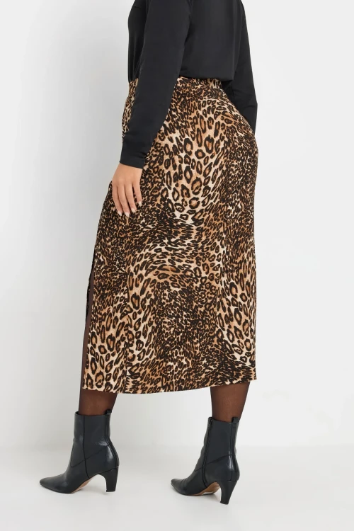 Büyük Beden Beli Lastikli Yırtmaçlı Leopar Desenli Midi Boy Etek 303706