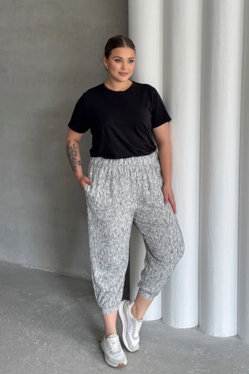 Büyük Beden Beli ve Paçası Lastikli Cepli Bol Pantolon 88-177