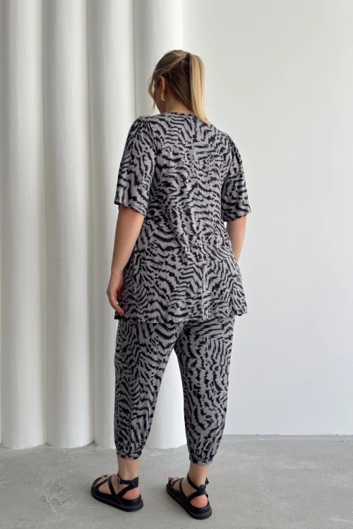 Büyük Beden Beli ve Paçası Lastikli Cepli Desenli Şalvar Pantolon 99-3