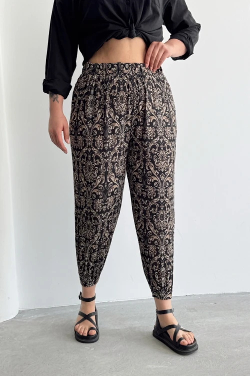 Büyük Beden Beli ve Paçası Lastikli Cepli Desenli Şalvar Pantolon 74-75