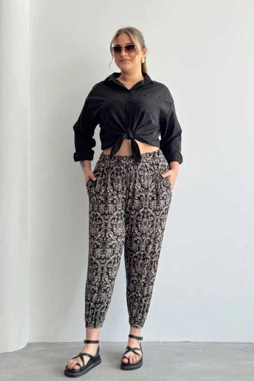 Büyük Beden Beli ve Paçası Lastikli Cepli Desenli Şalvar Pantolon 74-75