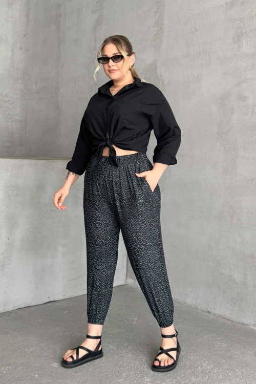 Büyük Beden Beli ve Paçası Lastikli Cepli Desenli Şalvar Pantolon 74-73