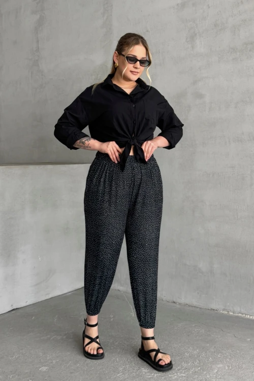 Büyük Beden Beli ve Paçası Lastikli Cepli Desenli Şalvar Pantolon 74-73