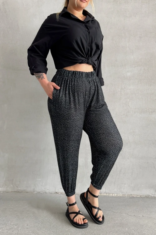 Büyük Beden Beli ve Paçası Lastikli Cepli Desenli Şalvar Pantolon 74-73