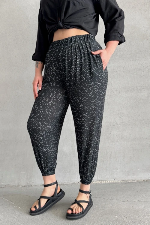 Büyük Beden Beli ve Paçası Lastikli Cepli Desenli Şalvar Pantolon 74-73