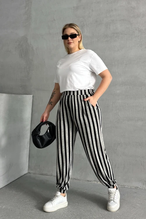Büyük Beden Beli ve Paçası Lastikli Çizgili Cepli Pantolon 89-70