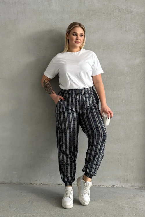 Büyük Beden Beli ve Paçası Lastikli Çizgili Cepli Pantolon 89-71