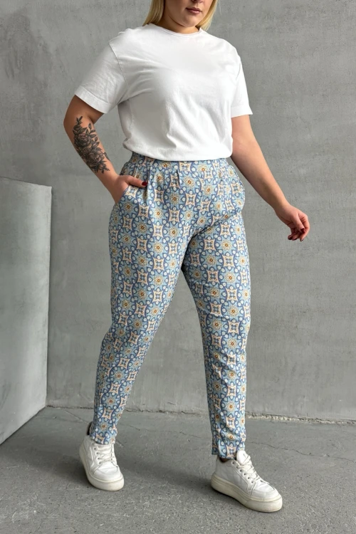 Büyük Beden Beli ve Paçası Lastikli Desenli Cepli Pantolon 303490