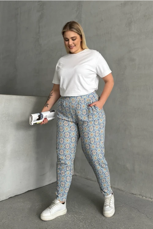Büyük Beden Beli ve Paçası Lastikli Desenli Cepli Pantolon 303490